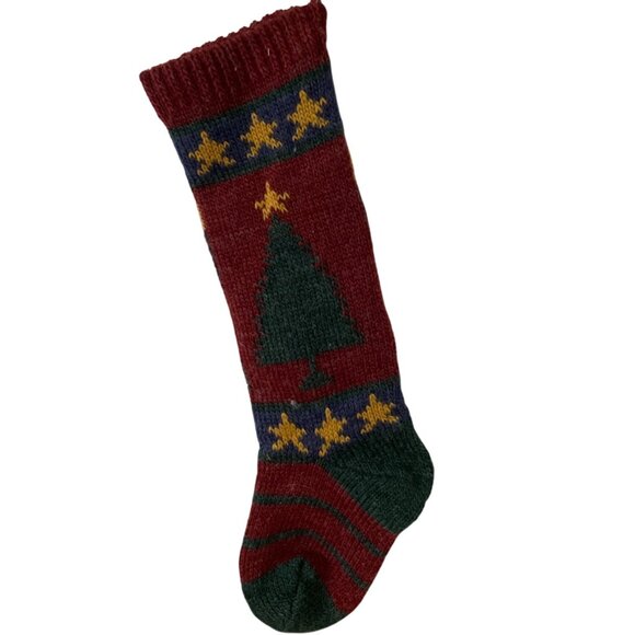 Vtg Handmade Knit Christmas Stocking w Tree and Star Design 19.5 Inch Red Gold - Picture 2 of 6